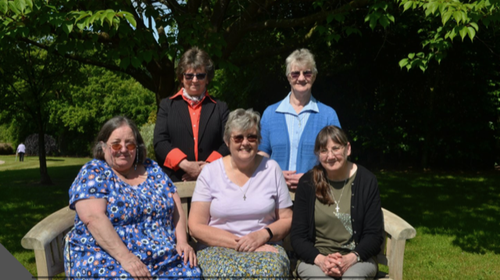 Standing from left to right are: Sr. Jude Groden and Sr. Christina O' Donnell and sitting from left to right are: Sr. Lynda Dearlove, Sr. Bernadette Holmes and Sr. Bernie Roche. 

